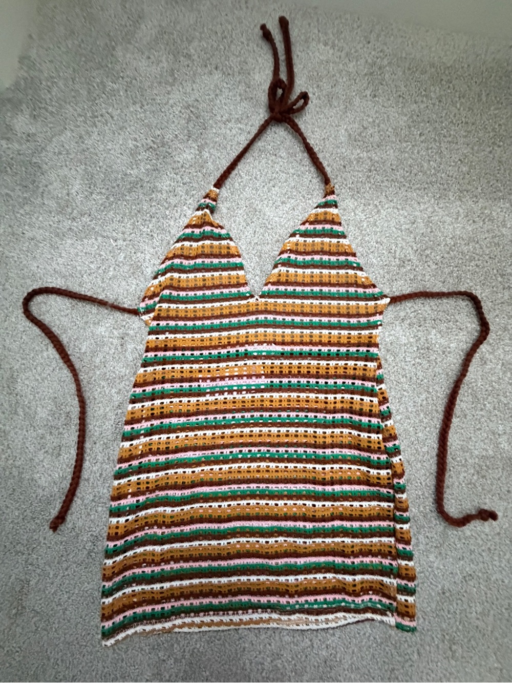 wild fable Brown, White, Green Striped Crochet Halter Mini Dress